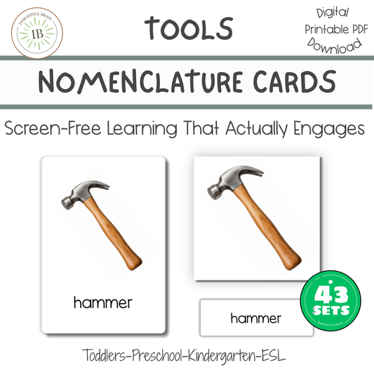 printable montessori tool vocabulary cards, printable nomenclature cards, printable kindergarten names of tool cards, printable ESL names of tools activity