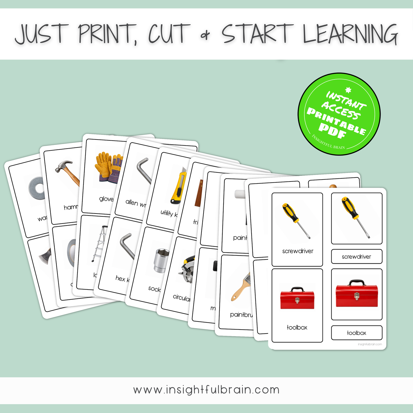 Tool Nomenclature Cards | Montessori 3-Part Cards | 43 Tools | Printable PDF Cards | Ages 3–6