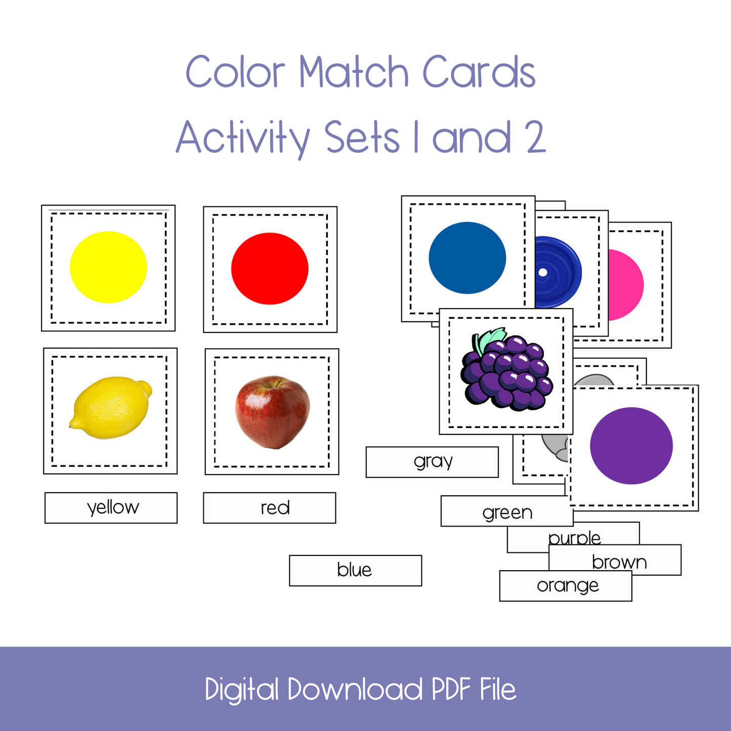 Montessori nomenclature cards, color match cards, kindergarten color matching, montessori printable materials, montessori materials, montessori learning. montessori for everyone, montessori print shop, montessoriprintshop