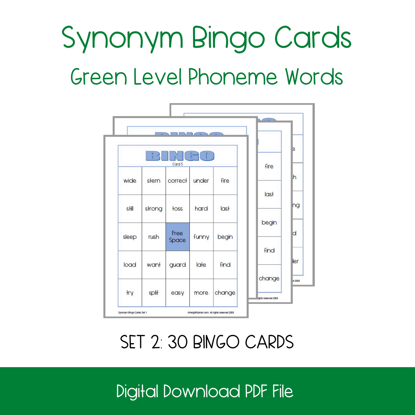 Synonym Bingo -Green Level Words- 2 activity sets