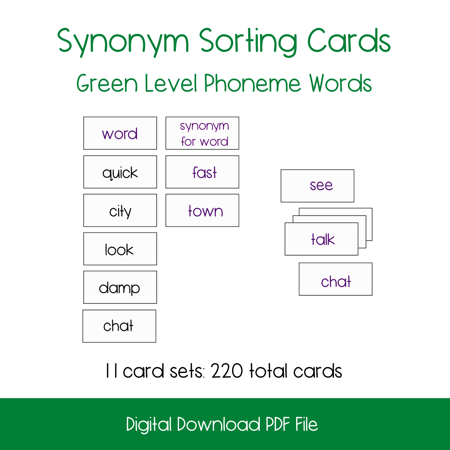 printable montessori activity lesson, printable green level language montessori lesson, printable synonym sorting activity, printable kindergarten reading activity