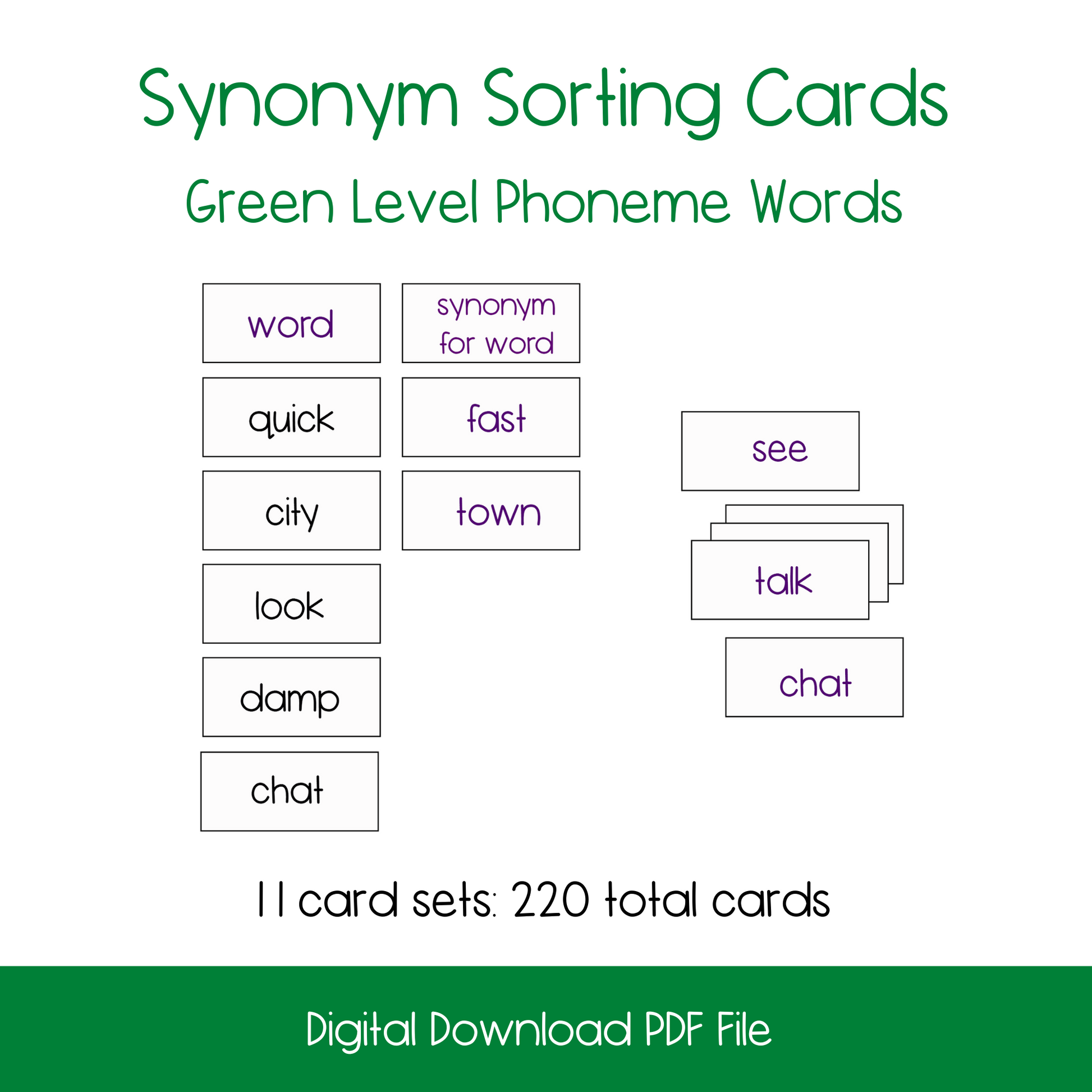 printable montessori activity lesson, printable green level language montessori lesson, printable synonym sorting activity, printable kindergarten reading activity
