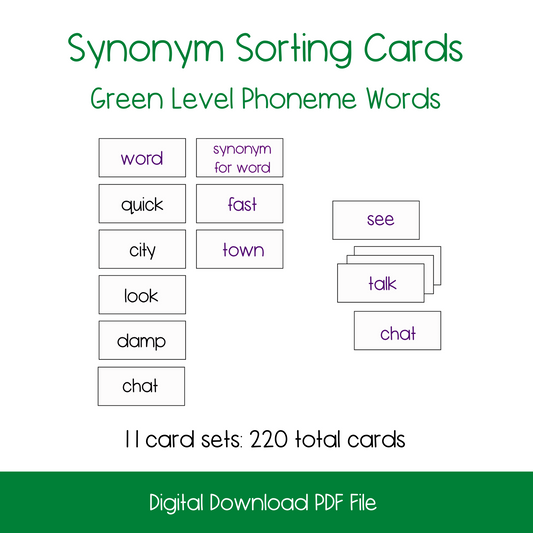 printable montessori activity lesson, printable green level language montessori lesson, printable synonym sorting activity, printable kindergarten reading activity