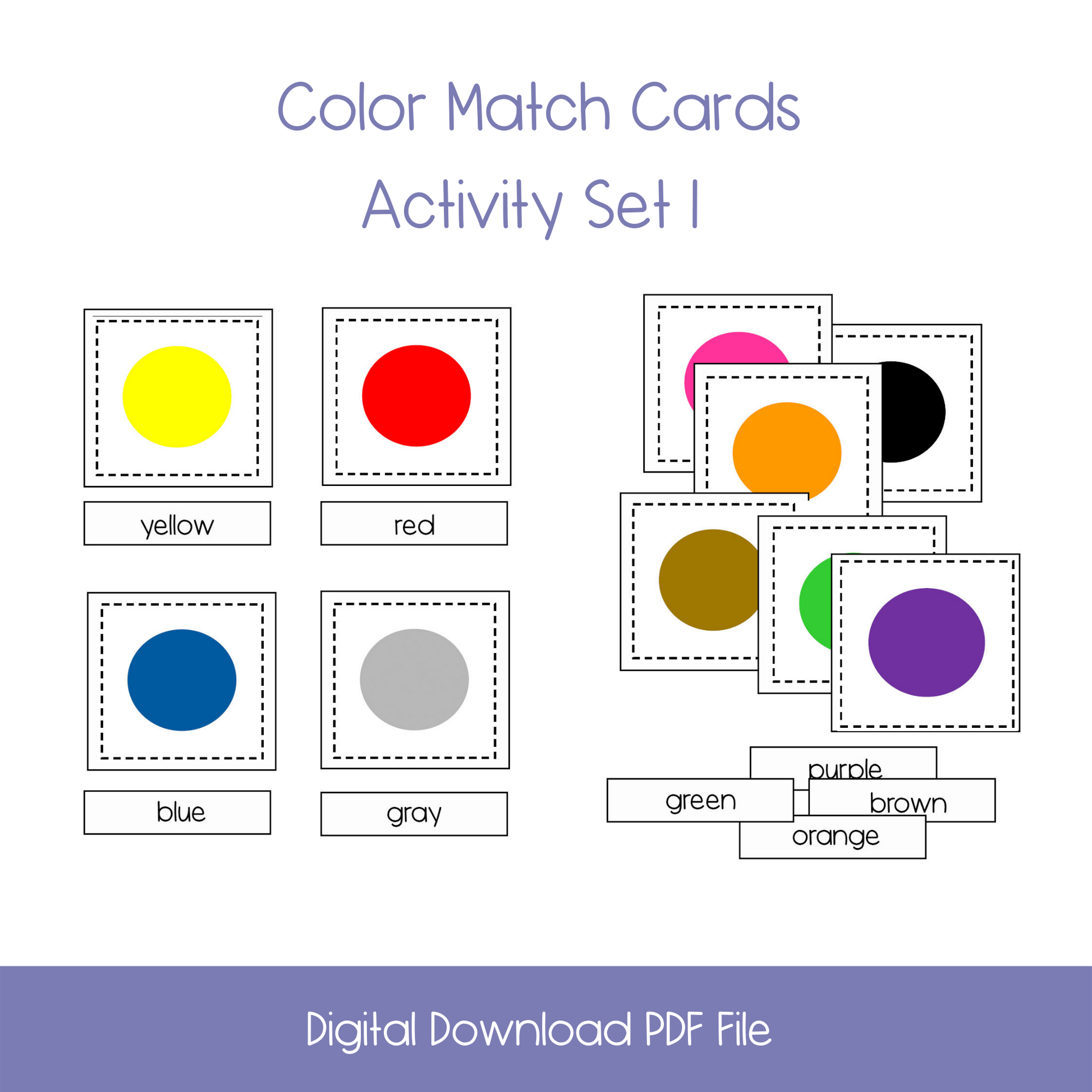 Montessori nomenclature cards, color wheel chart, color match cards, kindergarten color matching, montessori printable materials, montessori materials, montessori learning. montessori for everyone