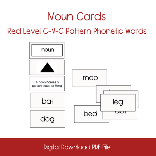 printable montessori language materials, printable red level language materials, printable kindergarten grammar materials, printable noun activity kindergarten, printable homeschool kindergarten language activity, printable homeschool kindergarten noun parts of speech activity lesson