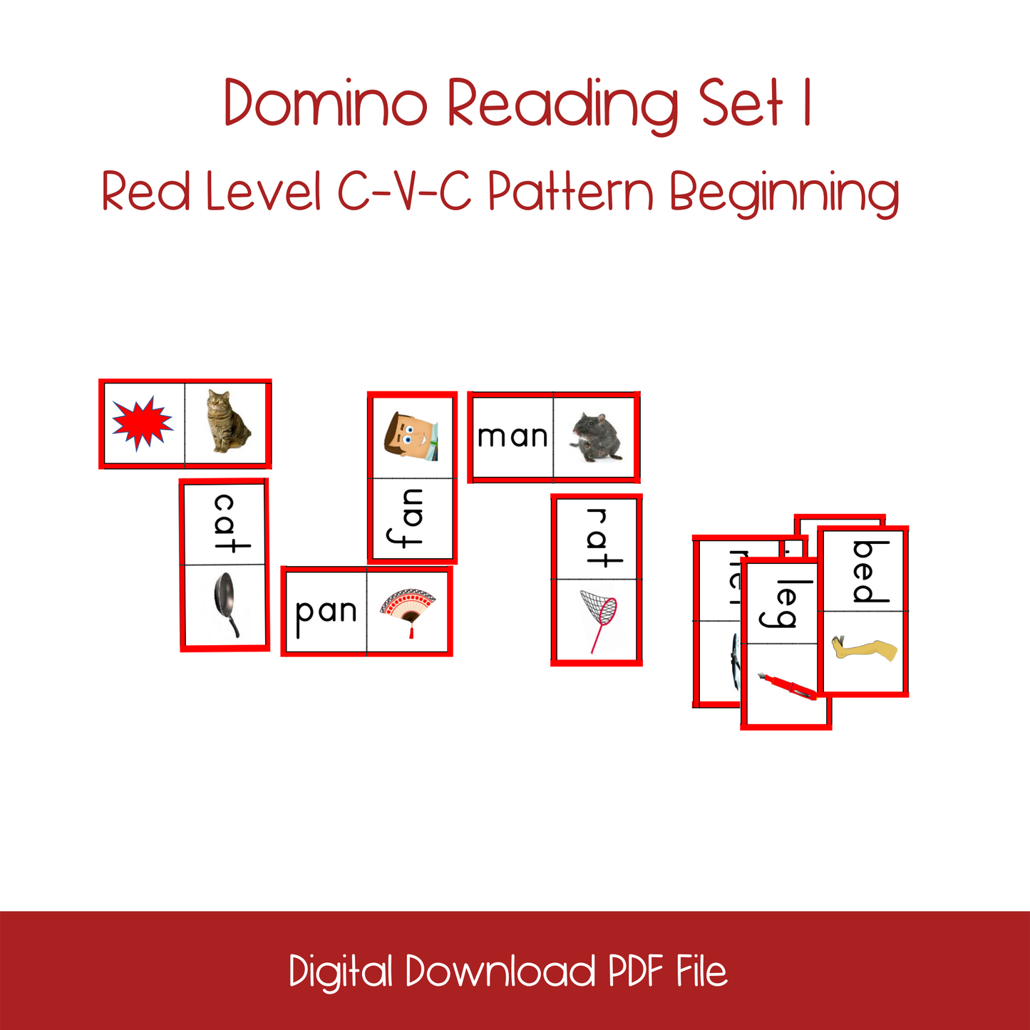 Red Level C-V-C Pattern Beginning Word Domino Reading Sets 1- 4