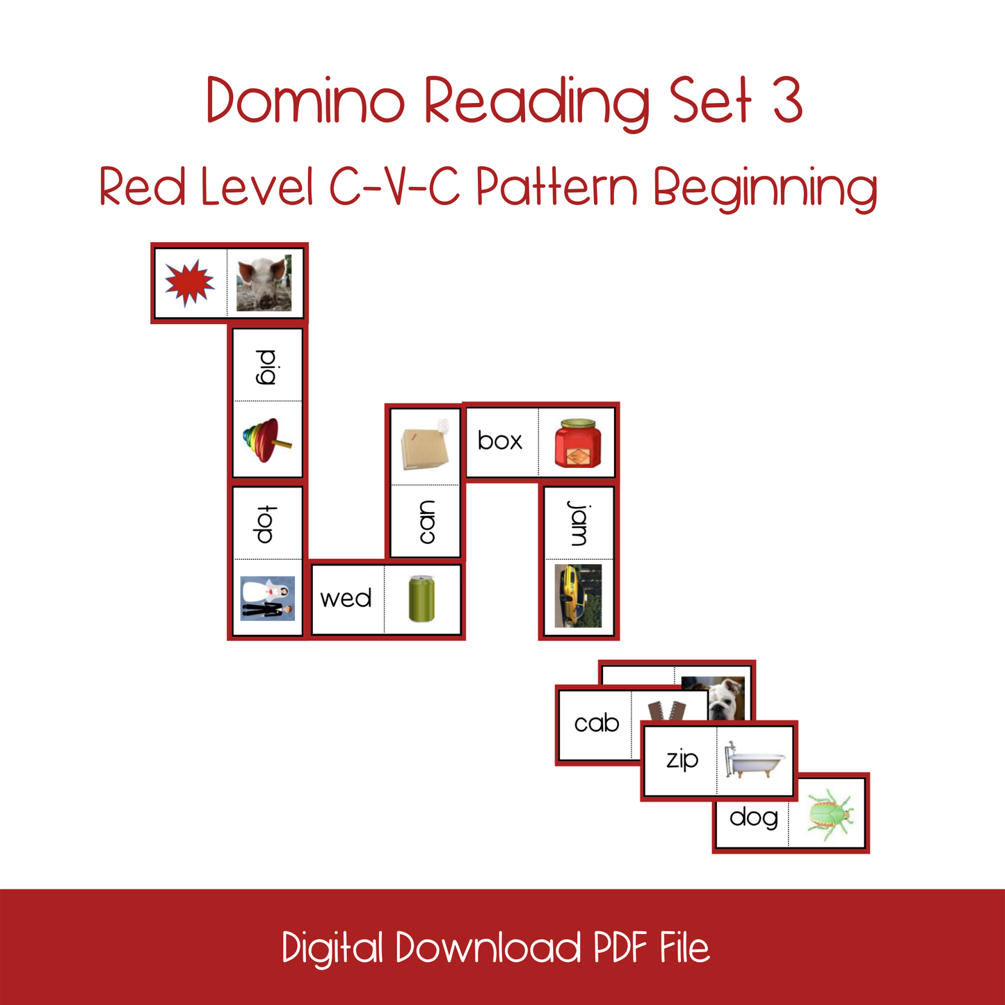 Red Level C-V-C Pattern Beginning Word Domino Reading Sets 1- 4