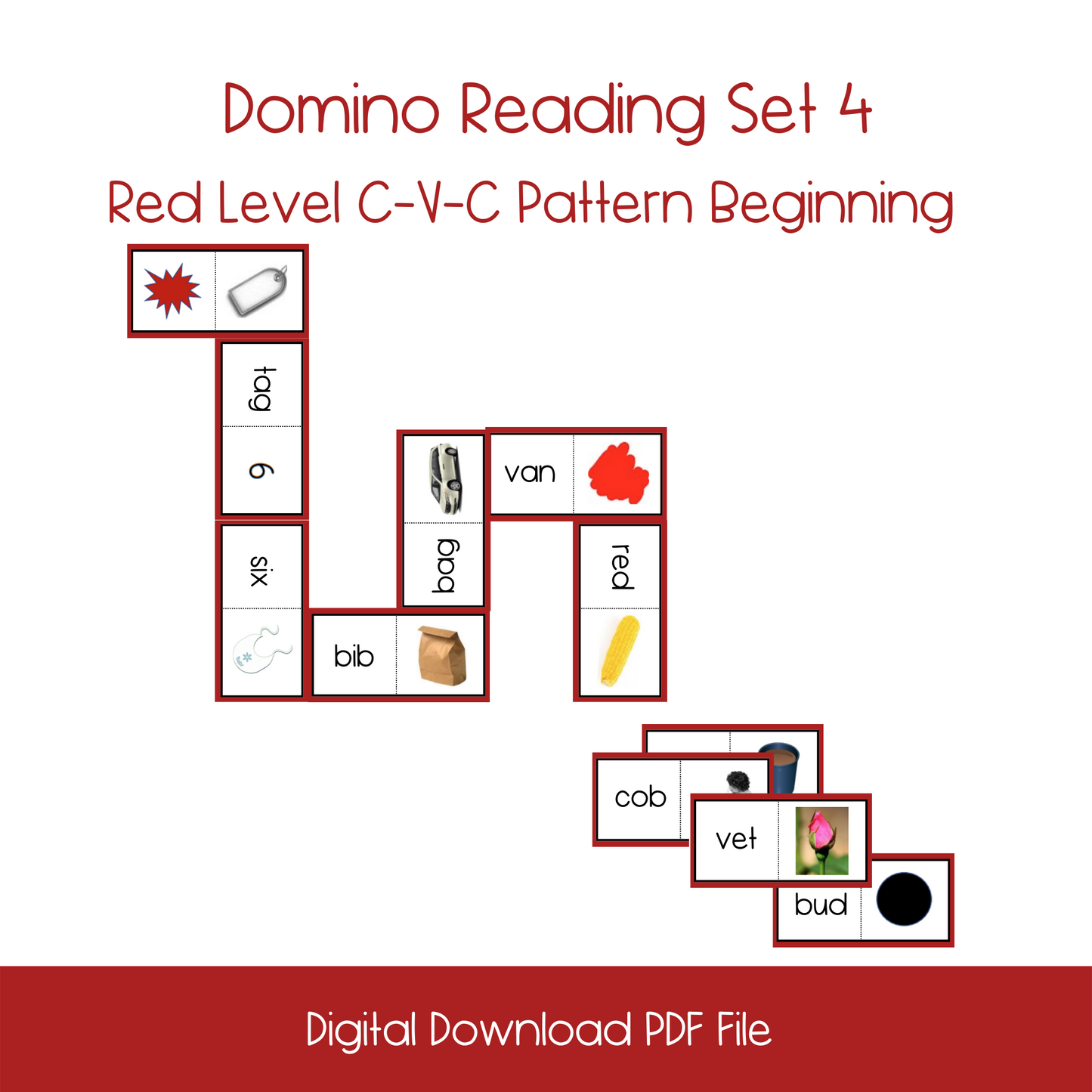 Red Level C-V-C Pattern Beginning Word Domino Reading Sets 1- 4