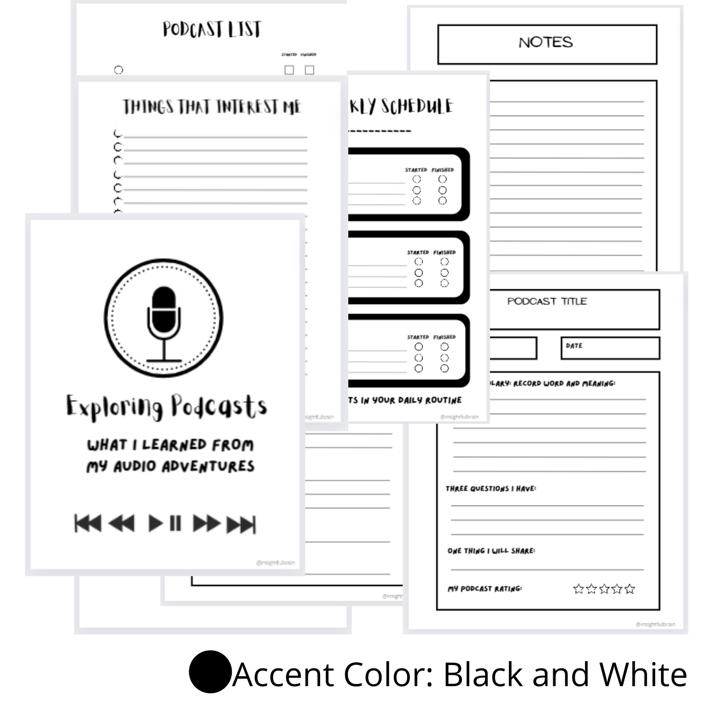 Black and White: My Podcast Journal  (PDF Digital Download File)