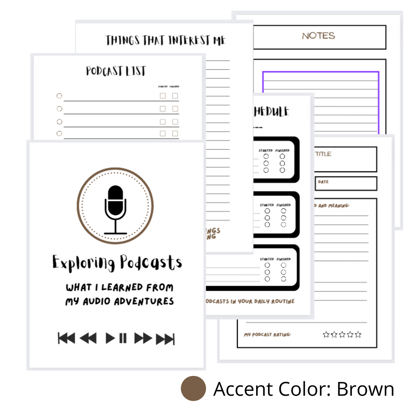 Brown: My Podcast Journal  (PDF Digital Download File)