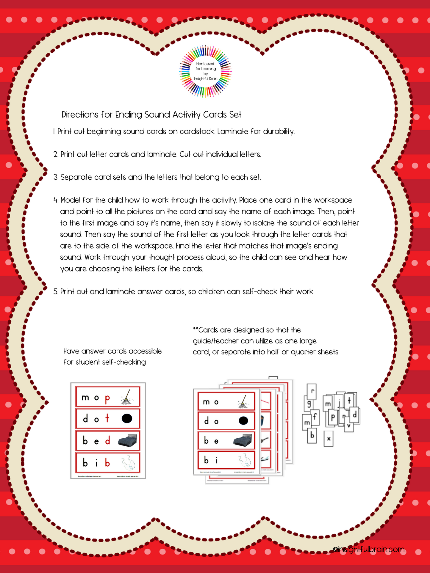 Red Level C-V-C Pattern Ending Sound Activity Card Set 1