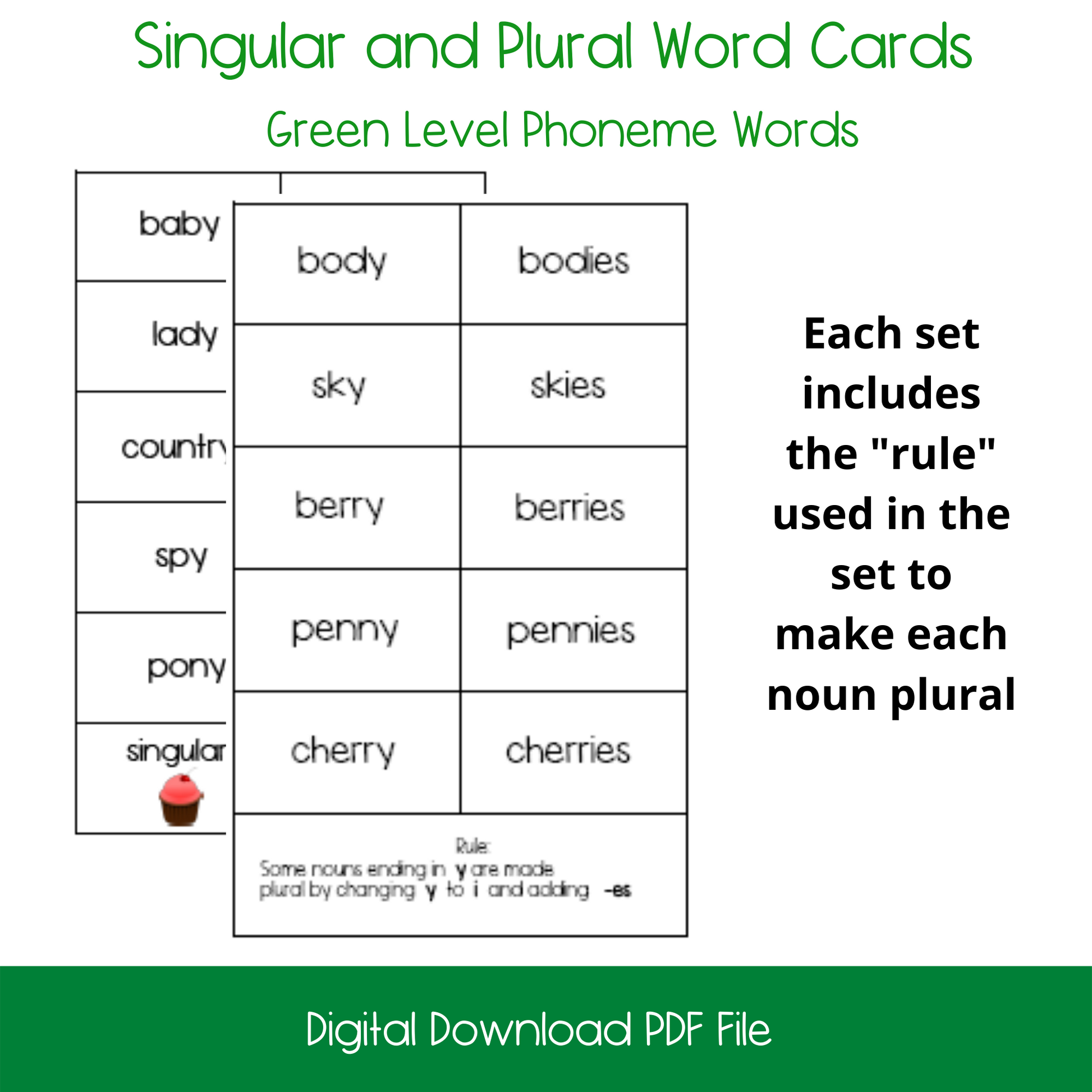 Printable Montessori Green Level Singular and Plural Cards, printable elementary singular and plural activity cards, printable ELL and ESL singular and plural cards for english language learners, homeschool