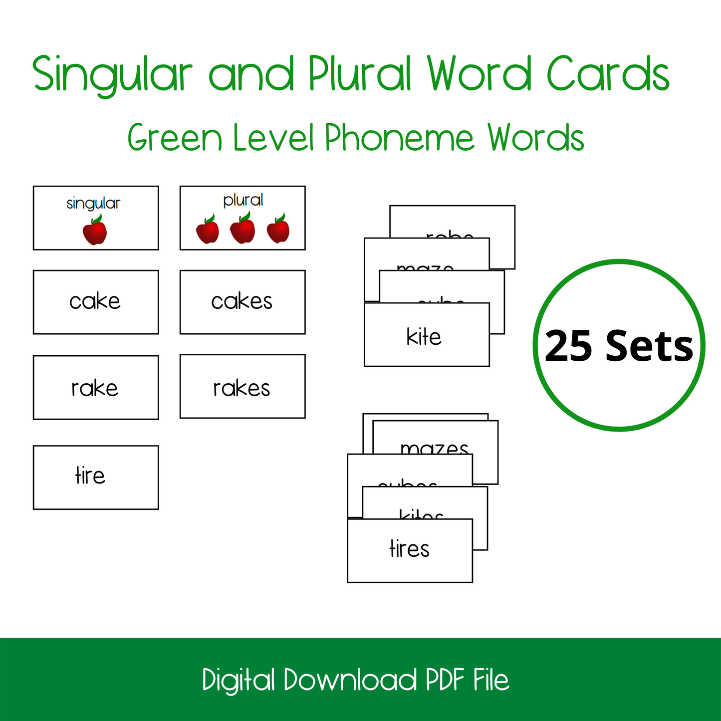 Printable Montessori Green Level Singular and Plural Cards, printable elementary singular and plural activity cards, printable ELL and ESL singular and plural cards for english language learners, homeschool