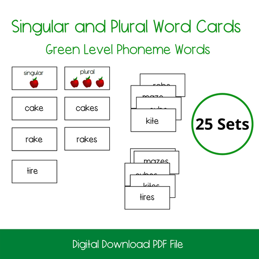 Printable Montessori Green Level Singular and Plural Cards, printable elementary singular and plural activity cards, printable ELL and ESL singular and plural cards for english language learners, homeschool