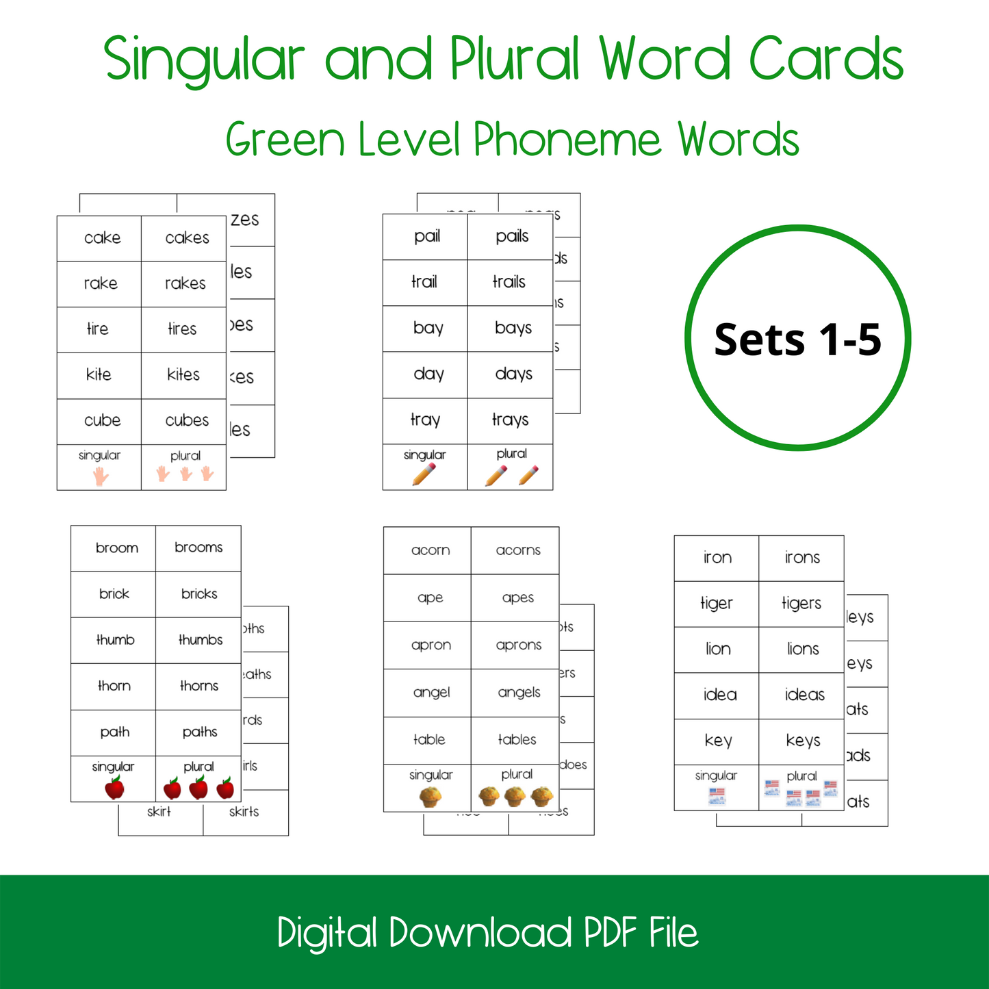 Printable Montessori Green Level Singular and Plural Cards, printable elementary singular and plural activity cards, printable ELL and ESL singular and plural cards for english language learners, homeschool