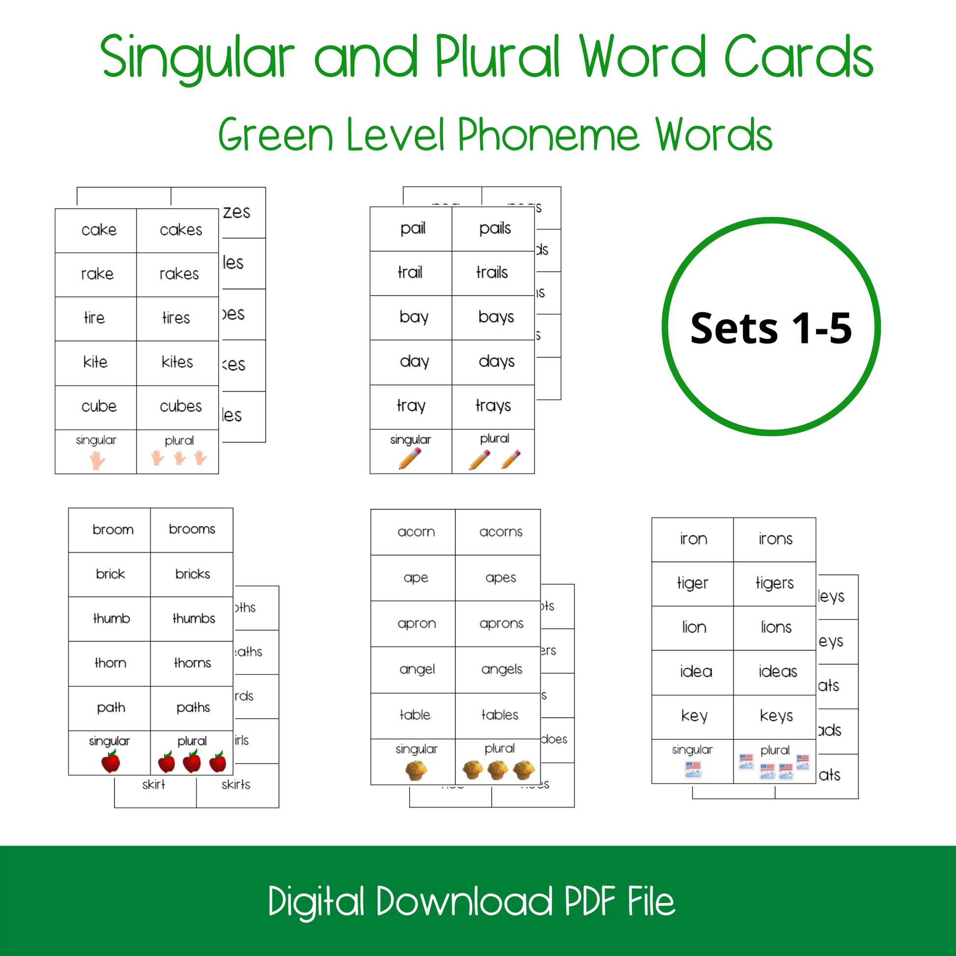 Printable Montessori Green Level Singular and Plural Cards, printable elementary singular and plural activity cards, printable ELL and ESL singular and plural cards for english language learners, homeschool