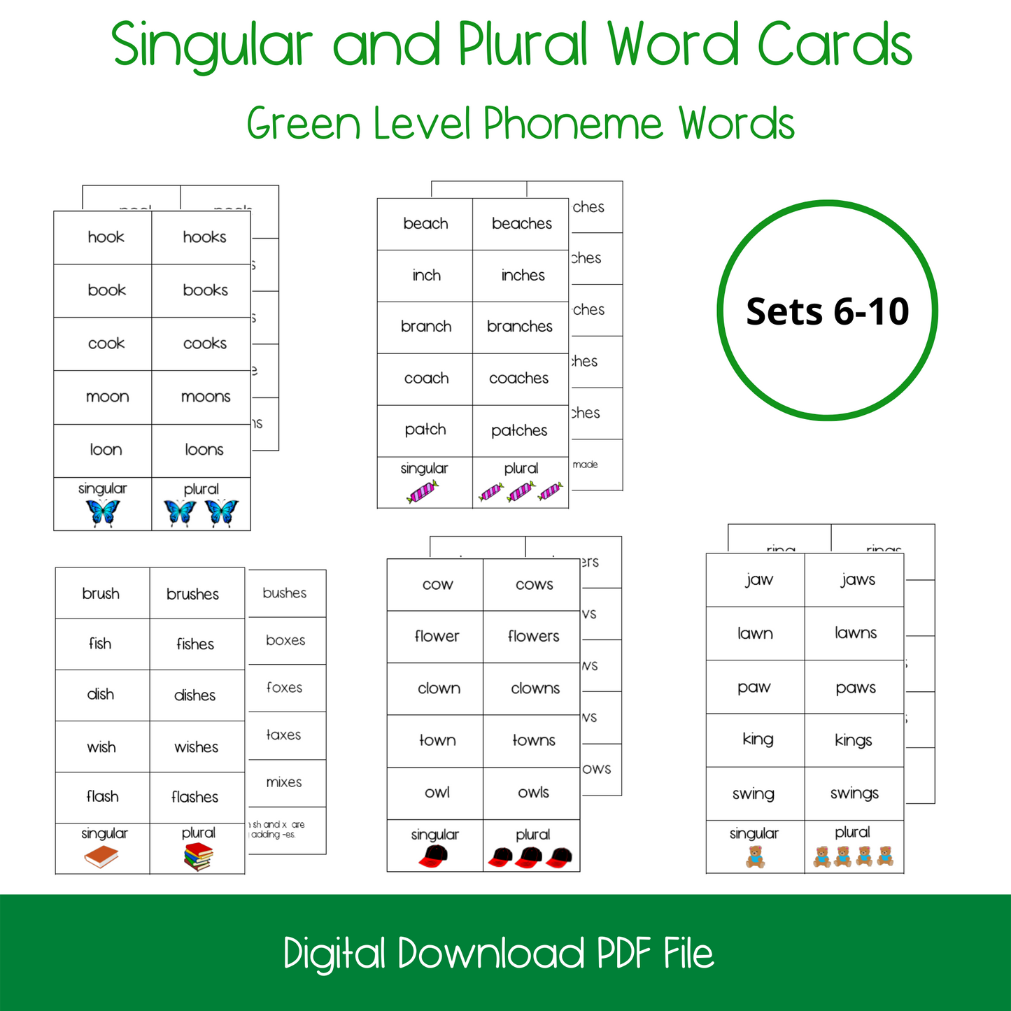 Printable Montessori Green Level Singular and Plural Cards, printable elementary singular and plural activity cards, printable ELL and ESL singular and plural cards for english language learners, homeschool