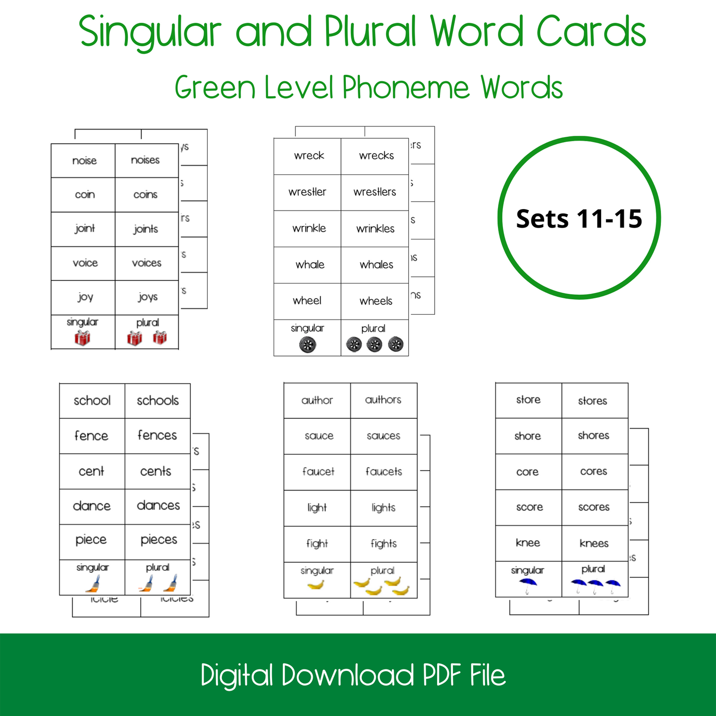 Printable Montessori Green Level Singular and Plural Cards, printable elementary singular and plural activity cards, printable ELL and ESL singular and plural cards for english language learners, homeschool