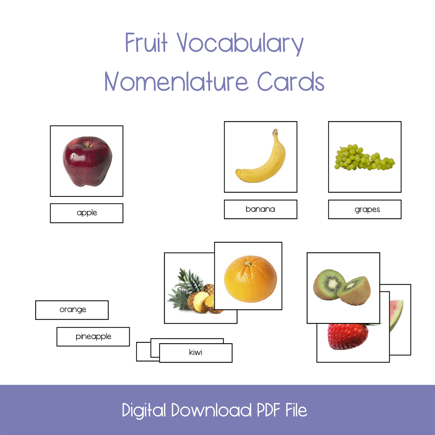 Printable fruit Nomenclature Activity Cards, printable montessori fruit nomenclature cards, printable kindergarten names of fruit cards, printable homeschool fruit vocabulary, printable esl names of fruit cards, printable ell names of fruit activity