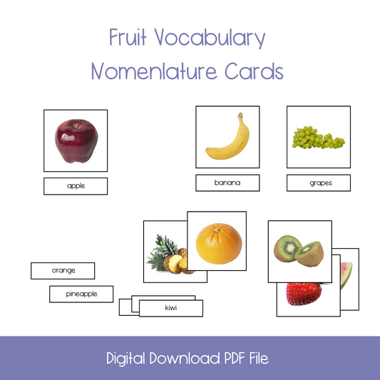 Printable fruit Nomenclature Activity Cards, printable montessori fruit nomenclature cards, printable kindergarten names of fruit cards, printable homeschool fruit vocabulary, printable esl names of fruit cards, printable ell names of fruit activity