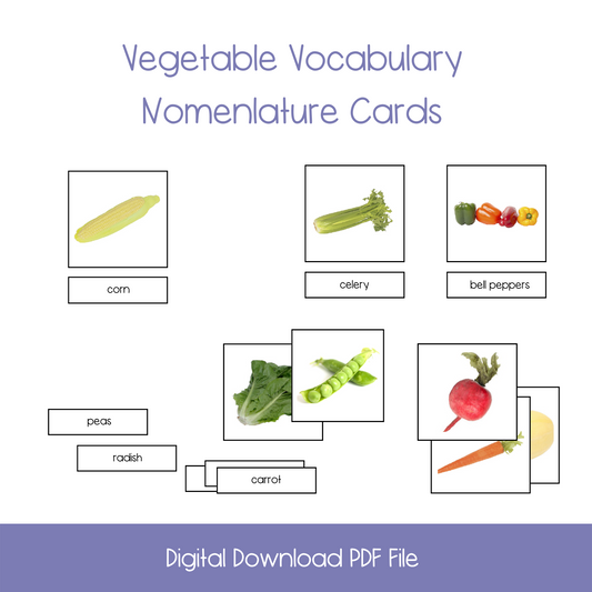 Printable Vegetable Nomenclature Activity Cards, printable montessori vegetable nomenclature cards, printable kindergarten names of vegetables cards, printable homeschool vegetable vocabulary, printable esl names of vegetables cards, printable ell names of vegetables activity