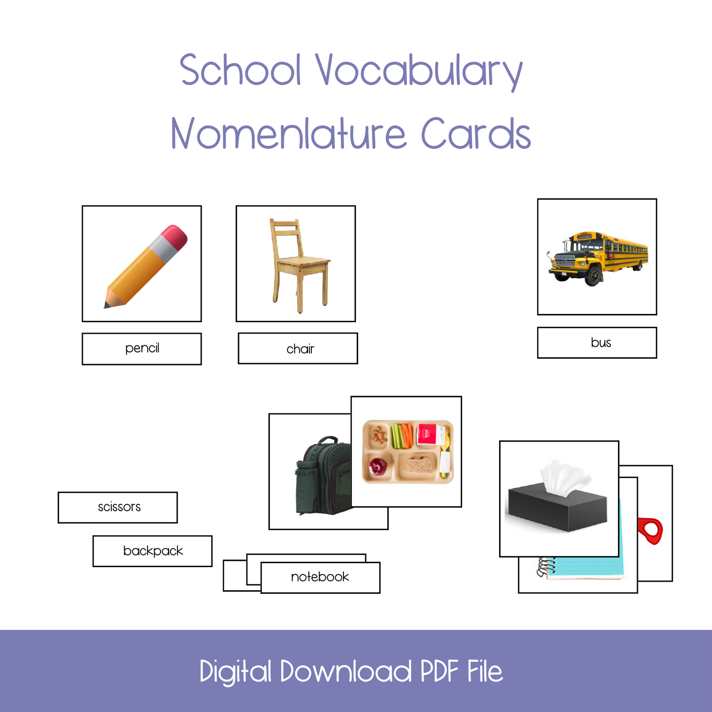 printable montessori nomenclature download, printable things at school vocabulary, kindergarten, homeshool, ESL classroom, ELL classroom
