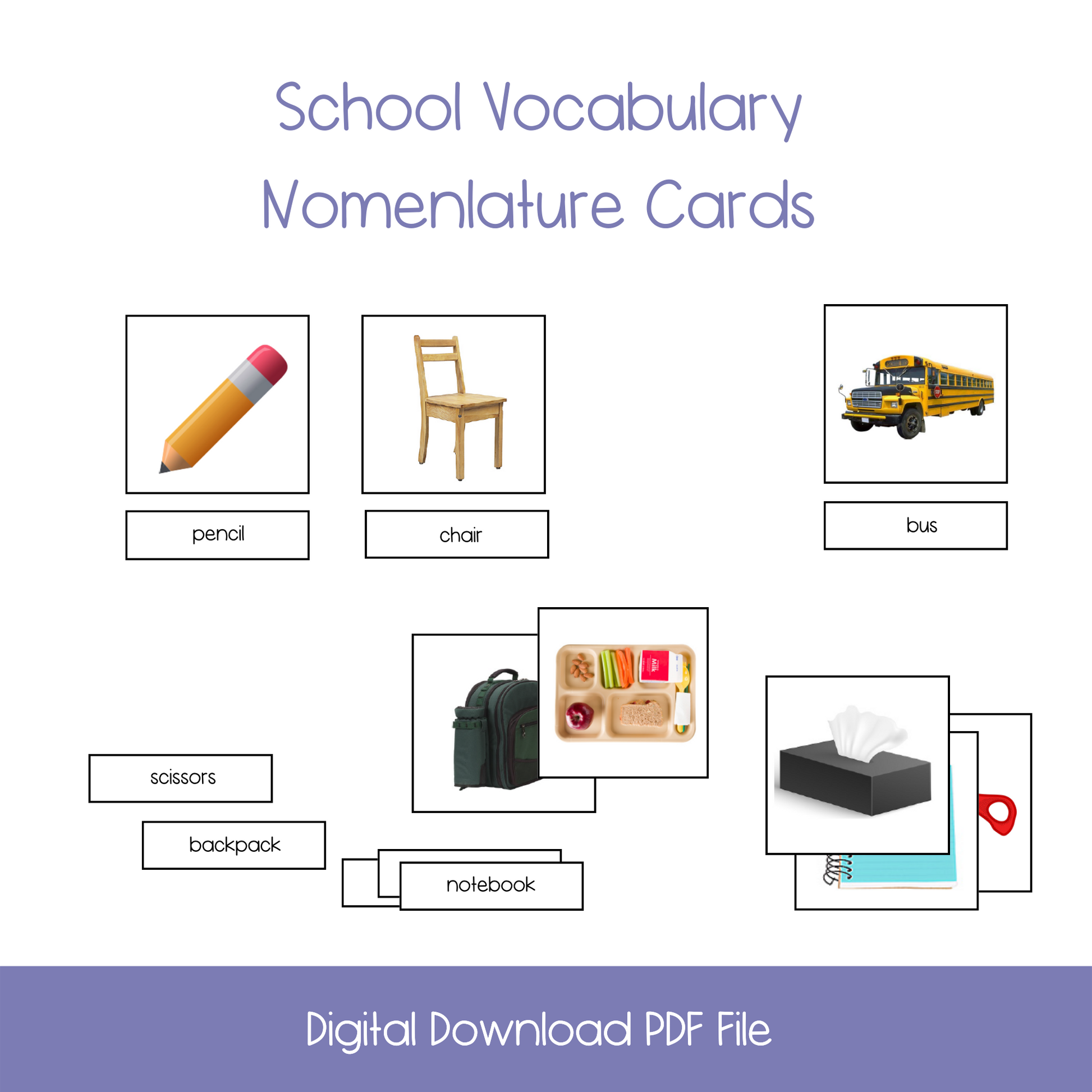 printable montessori nomenclature download, printable things at school vocabulary, kindergarten, homeshool, ESL classroom, ELL classroom