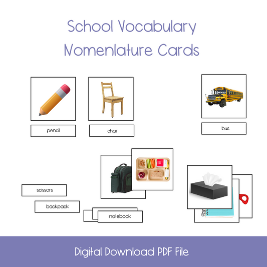 printable montessori nomenclature download, printable things at school vocabulary, kindergarten, homeshool, ESL classroom, ELL classroom 