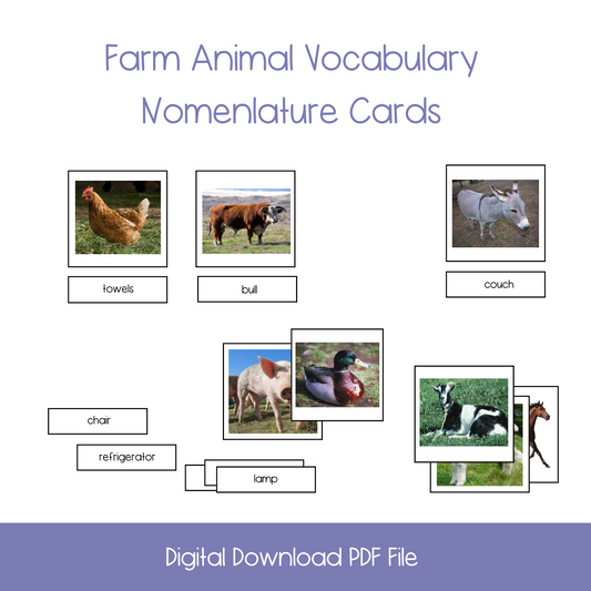 printable montessori nomenclature cards, printable farm animal vocabulary nomenclature cards, printable names of farm animal vocabulary cards, kindergarten printable names of farm animals vocabulary cards, printable ESL names of farm animals vocabulary activity