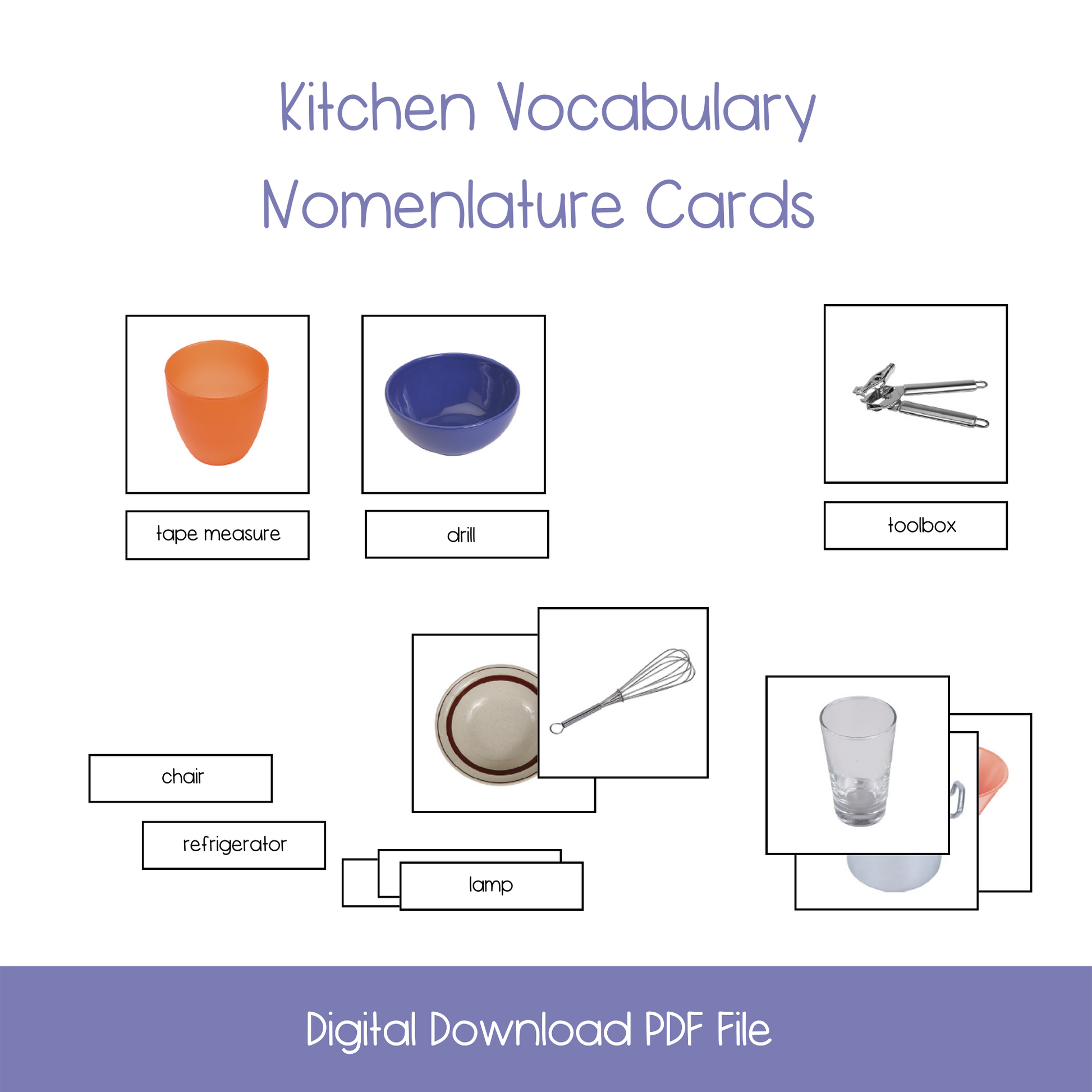 printable kitchen vocabulary nomenclature cards, printable montessori nomenclature cards, things in the kitchen vocabulary, printable esl things in the kitchen vocabulary activity, printable homeschool vocabulary activity