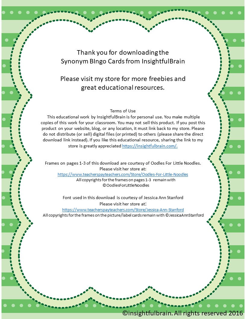 Synonym Bingo -Green Level Words- 2 activity sets