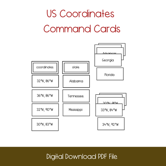 Printable Montessori United States Coordinate Geography Cards, printable coordinate practice,homeschool