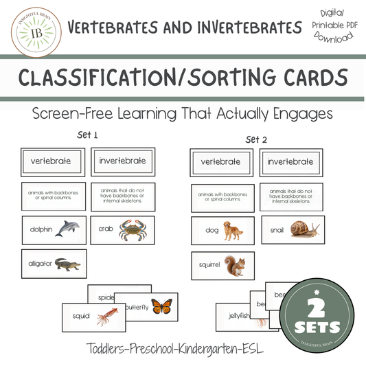 Explore animal classification with 24 real-photo vertebrate and invertebrate sorting cards in 2 sets. Montessori-inspired printable science activity for ages 3–6.