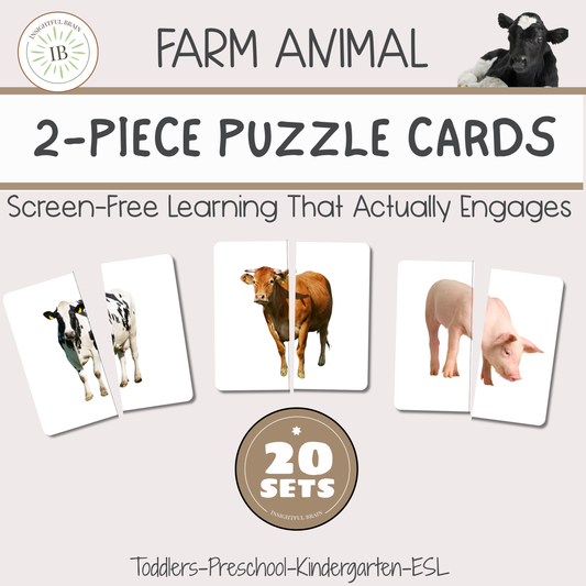 Farm Animal 2-Piece Puzzle Cards | Printable Montessori-Inspired Preschool Activity | Matching & Early Learning