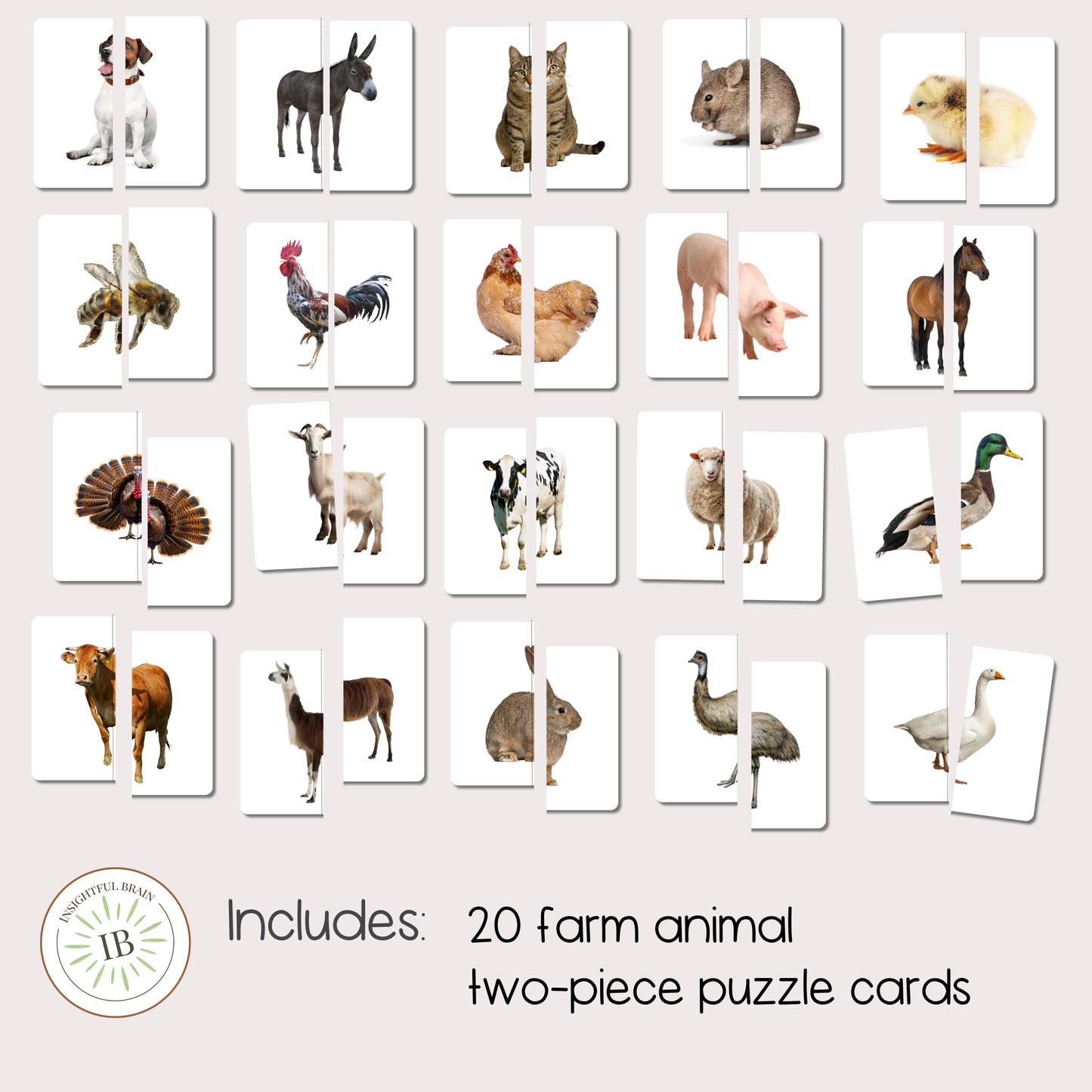 Farm Animal 2-Piece Puzzle Cards | Printable Montessori-Inspired Preschool Activity | Matching & Early Learning