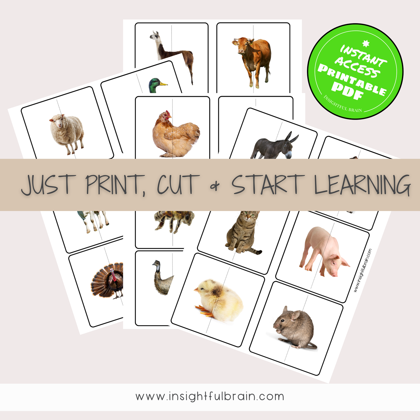 Farm Animal 2-Piece Puzzle Cards | Printable Montessori-Inspired Preschool Activity | Matching & Early Learning