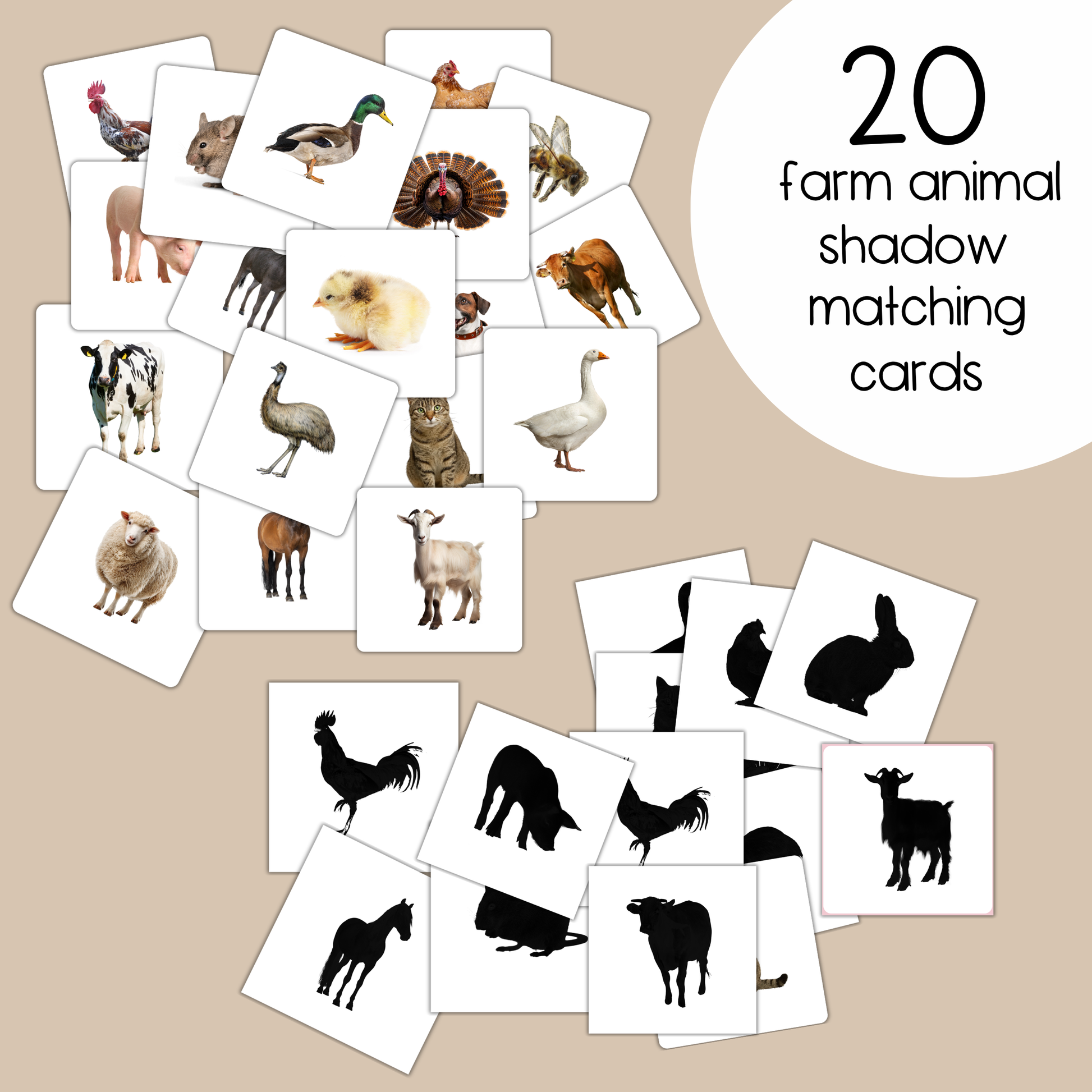 preschool farm animal shadow matching cards