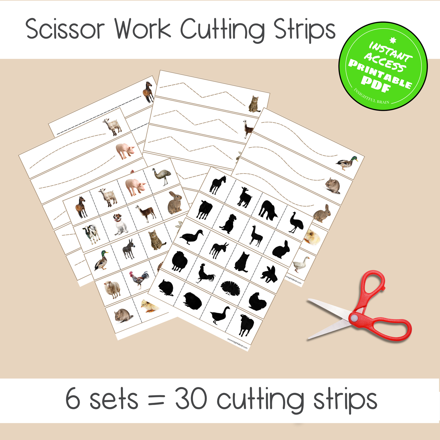 Montessori Farm Animal Bundle Printable | Preschool Fine Motor Activities | 2 Piece Puzzles | Shadow Matching | Scissor Work | Push Pin Poke Cards