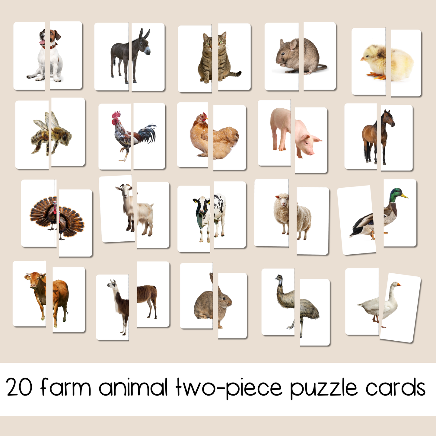 Montessori Farm Animal Bundle Printable | Preschool Fine Motor Activities | 2 Piece Puzzles | Shadow Matching | Scissor Work | Push Pin Poke Cards