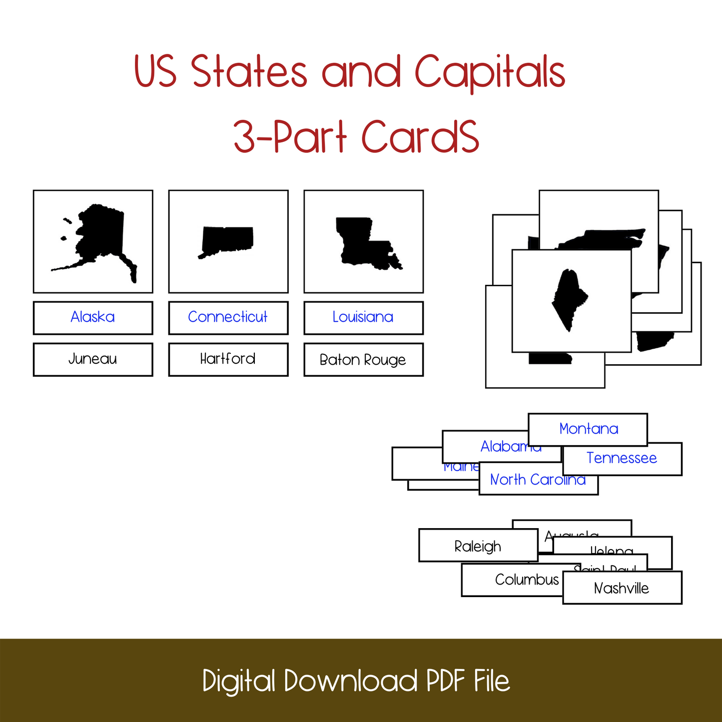 printable us states and capitals 3-part cards, nomenclature cards lesson activity