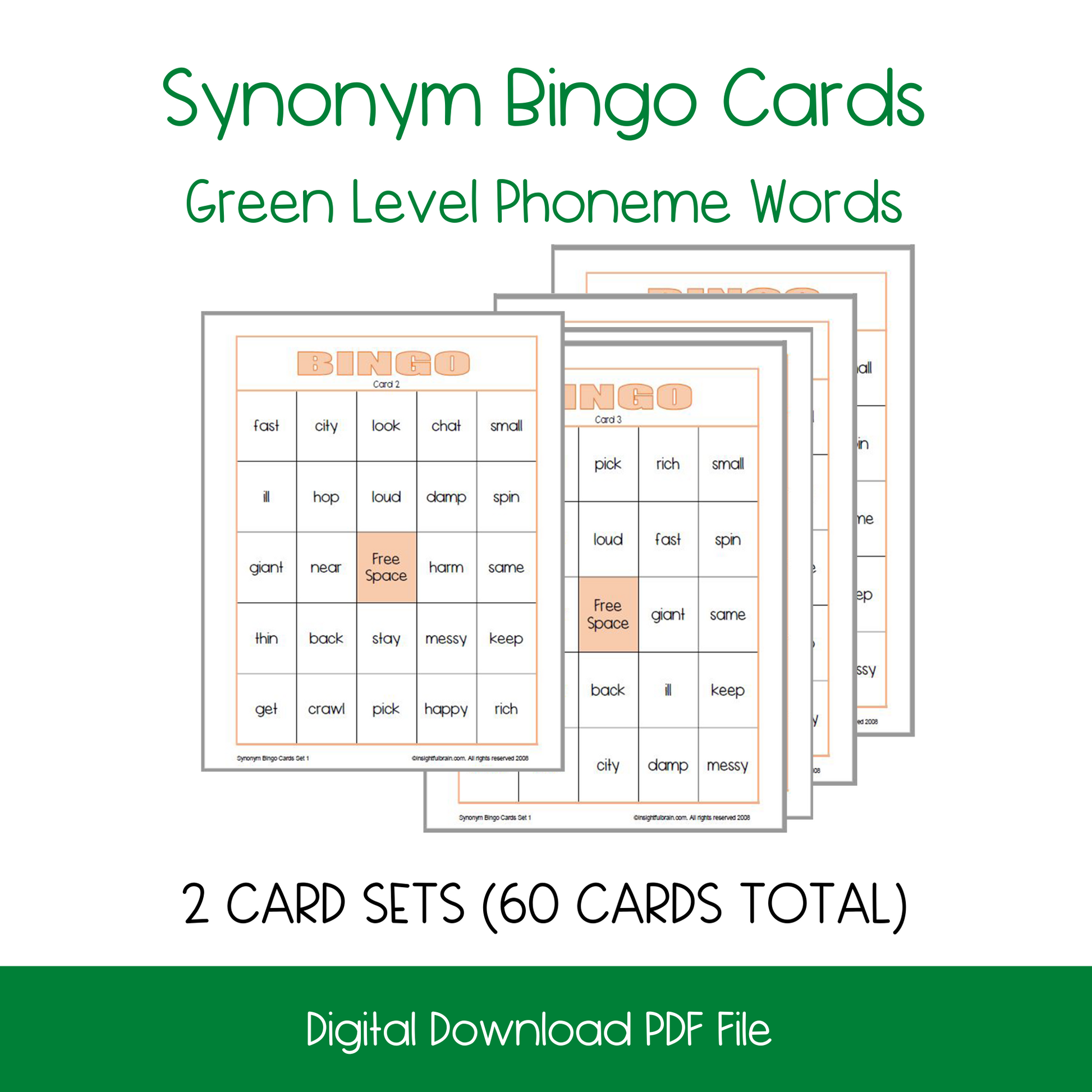 Synonym Bingo -Green Level Words- 2 activity sets