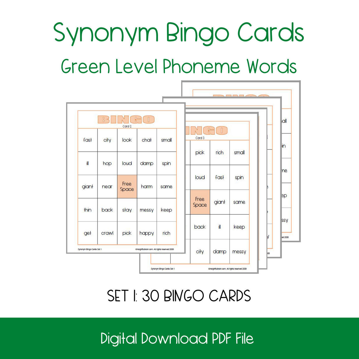 Synonym Bingo -Green Level Words- 2 activity sets