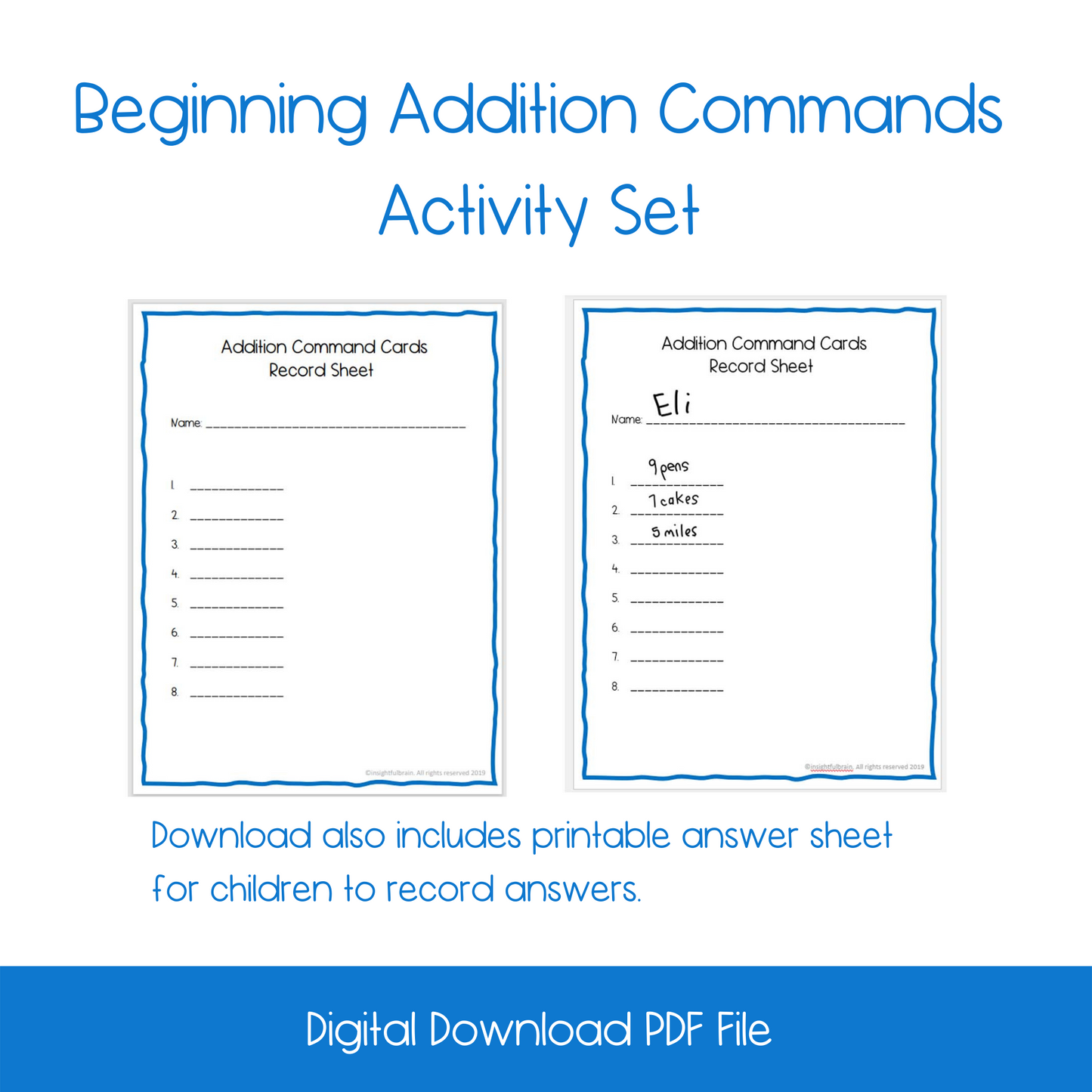 Beginning Addition Math Command Cards