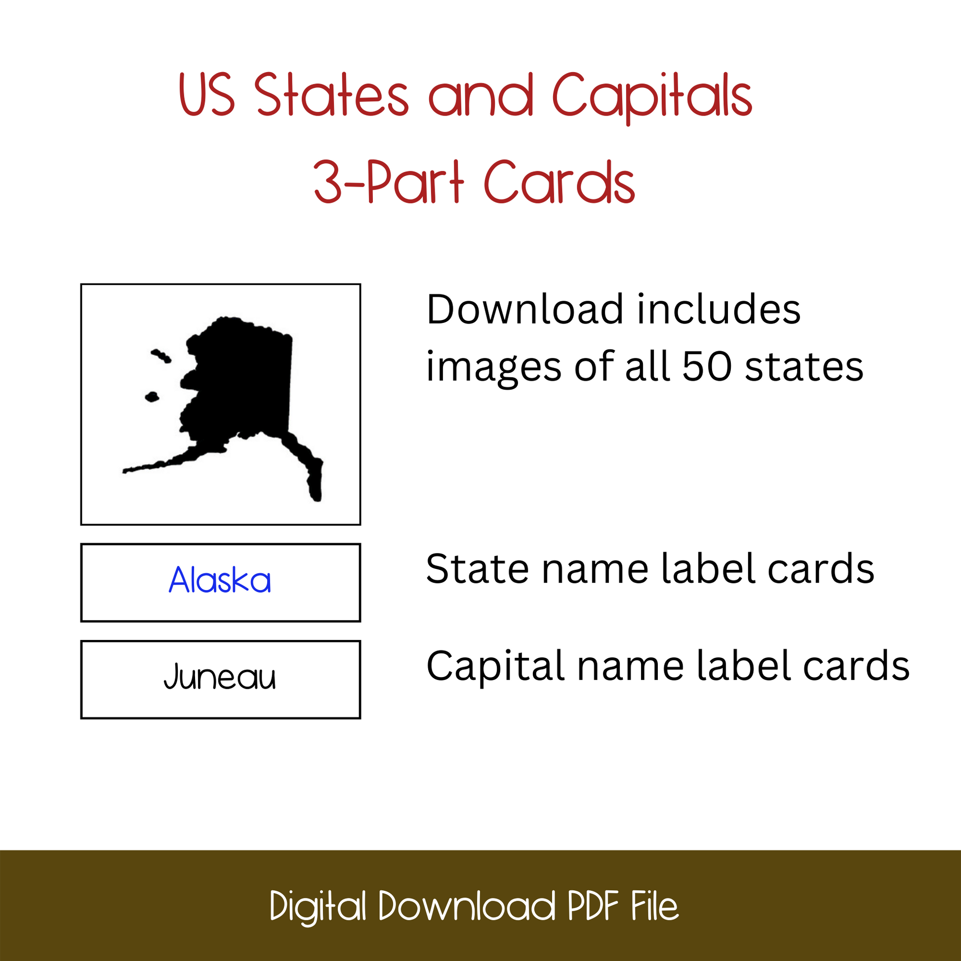printable us states and capitals 3-part cards, nomenclature cards lesson activity