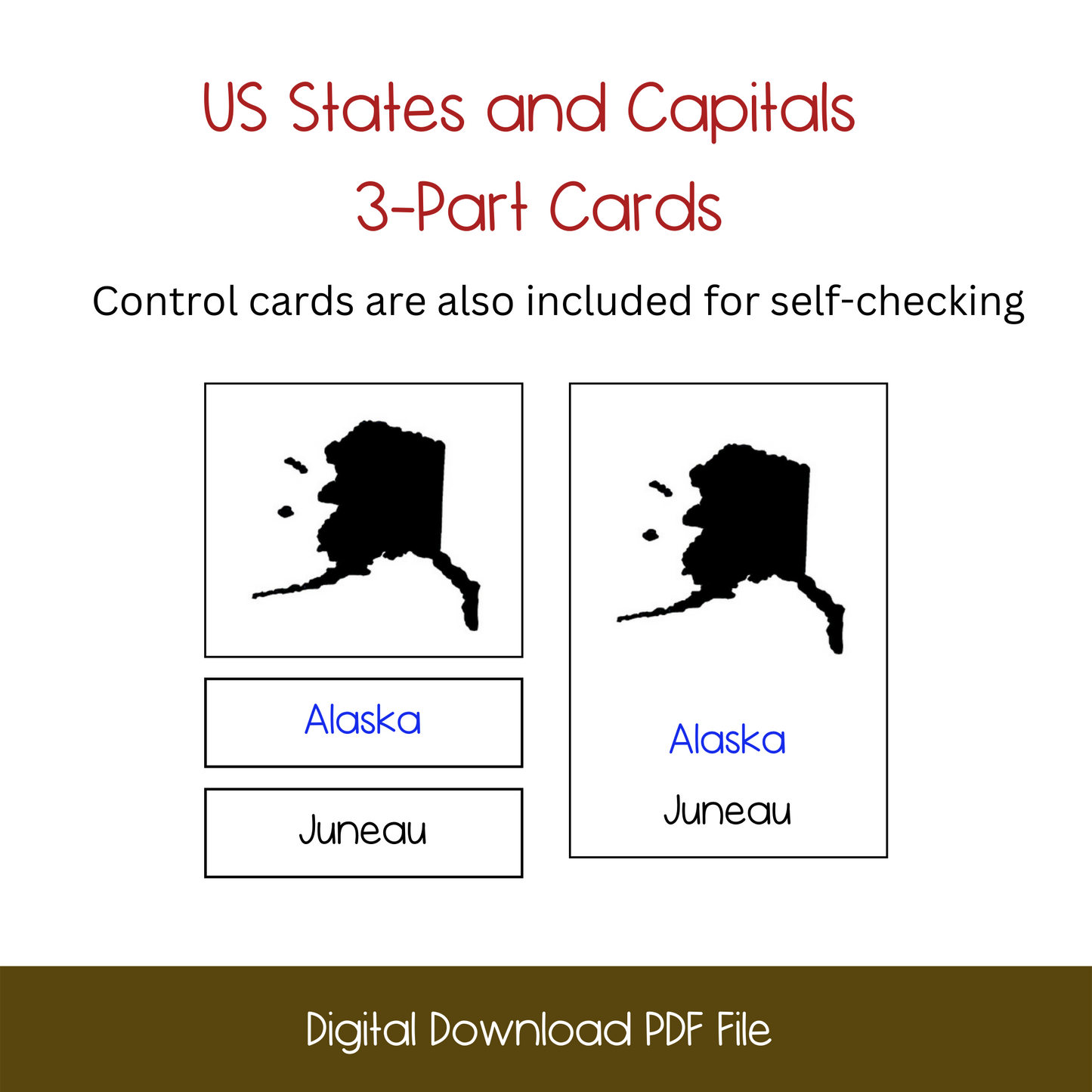 printable us states and capitals 3-part cards, nomenclature cards lesson activity