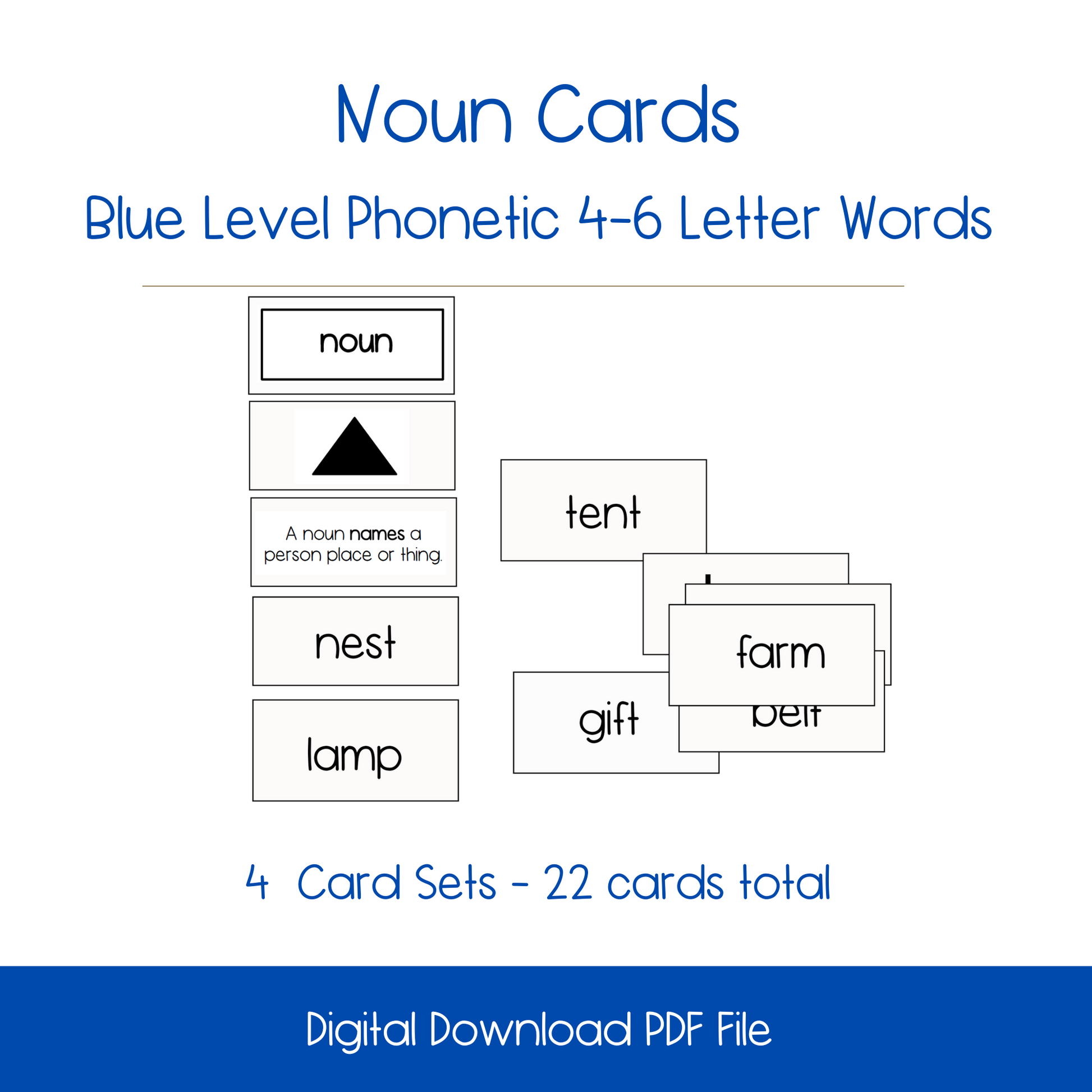 printable phonetic noun cards, printable montessori noun activity, homeschool noun activity, elementary, kindergarten homeschool, blue level grammar, blue level reading