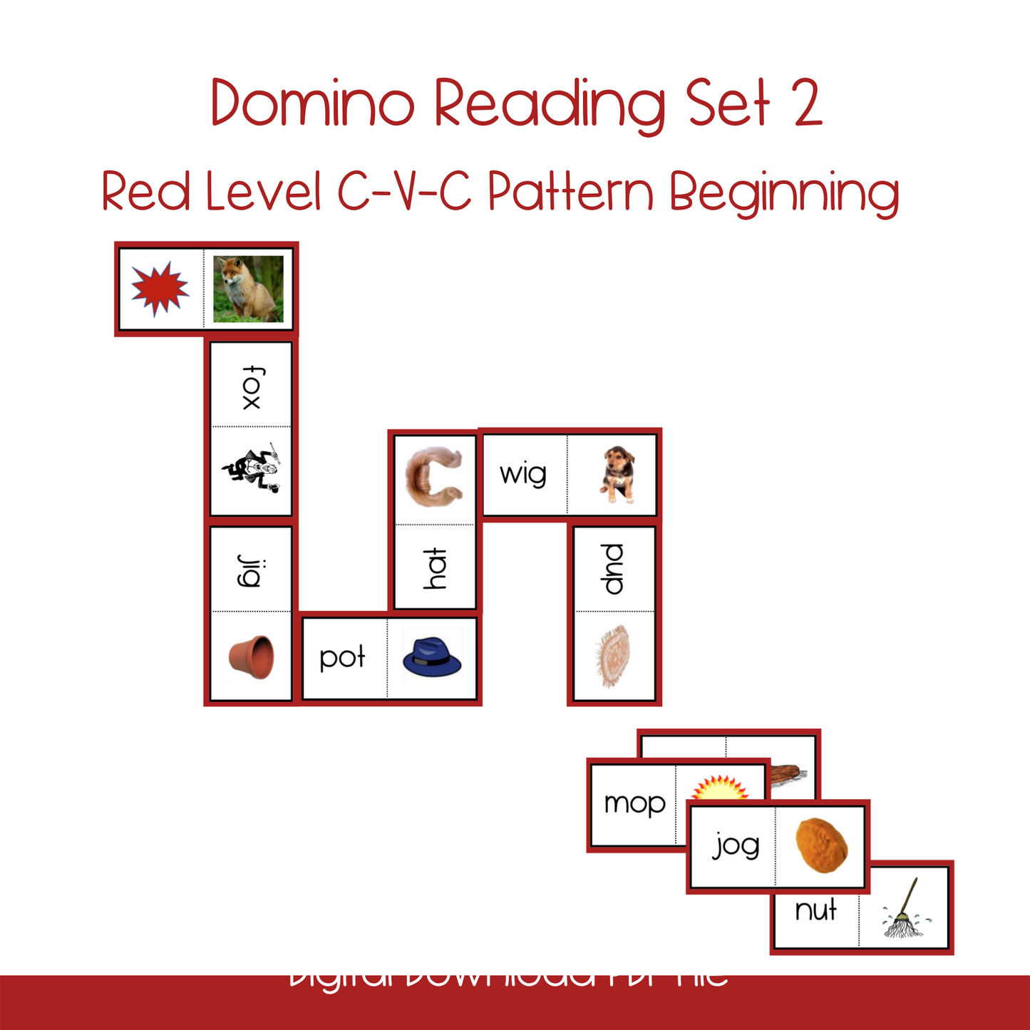 Red Level C-V-C Pattern Beginning Word Domino Reading Sets 1- 4