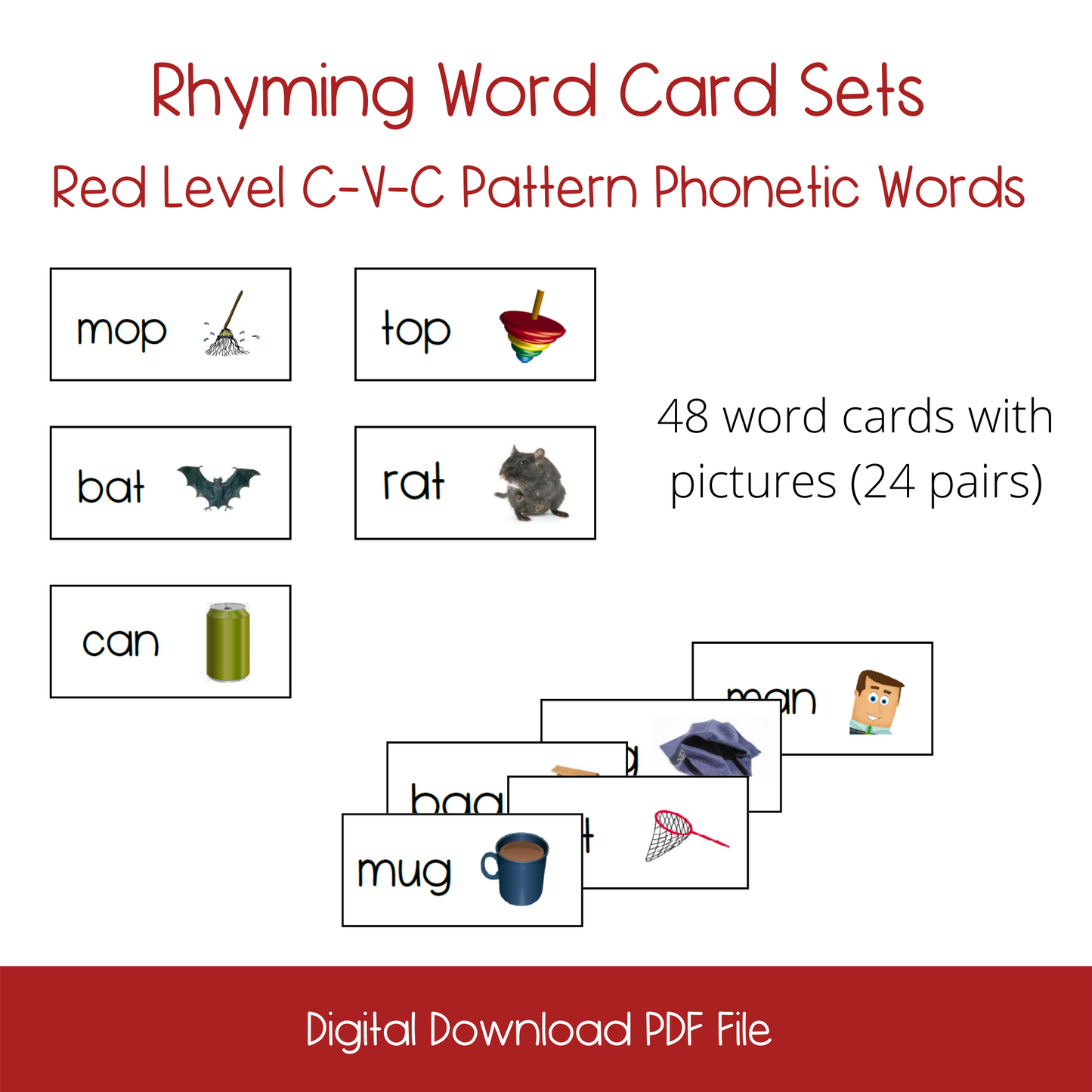Red Level C-V-C Pattern Rhyming Word Set
