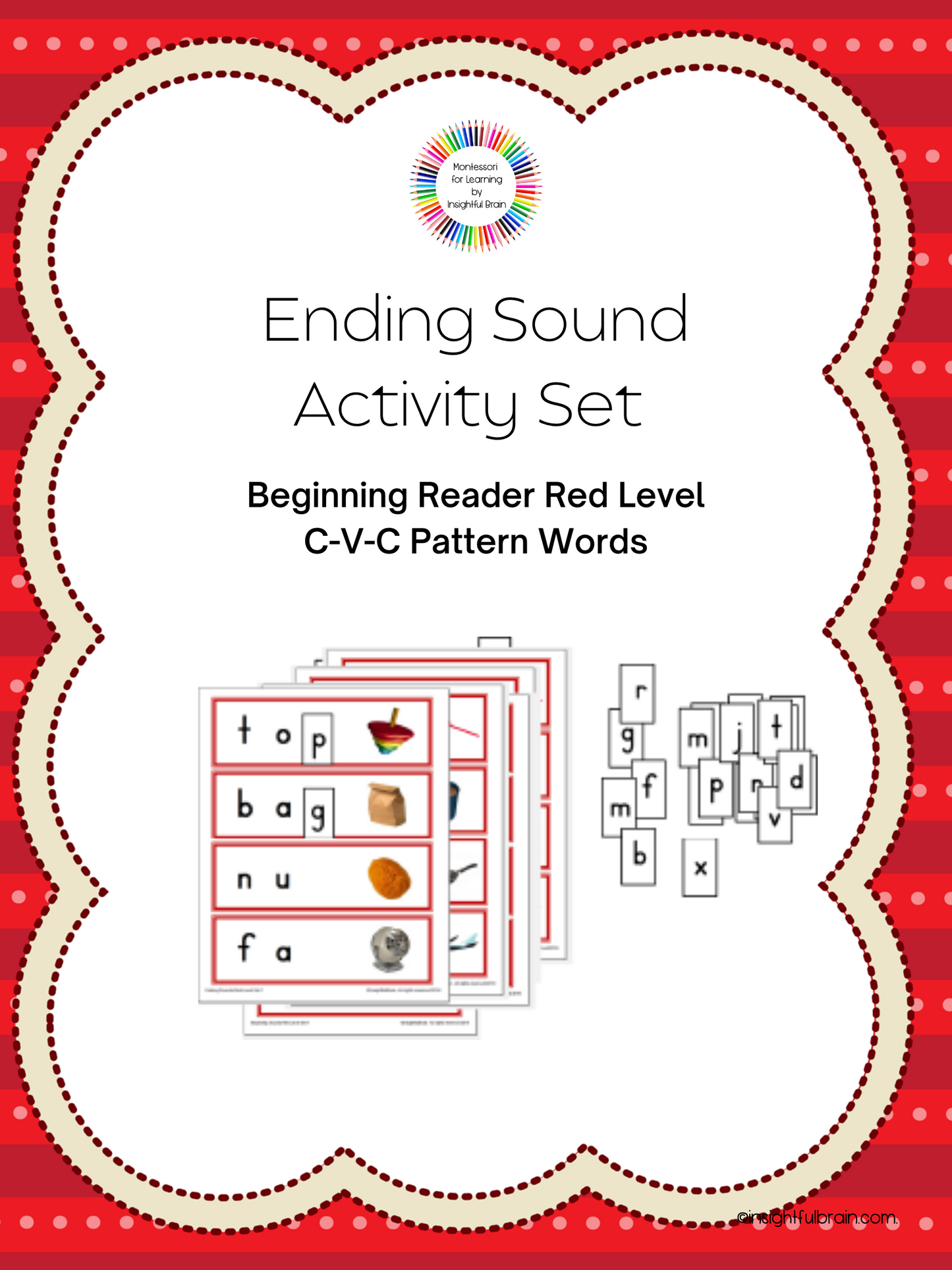 Red Level C-V-C Pattern Ending Sound Activity Card Set 1