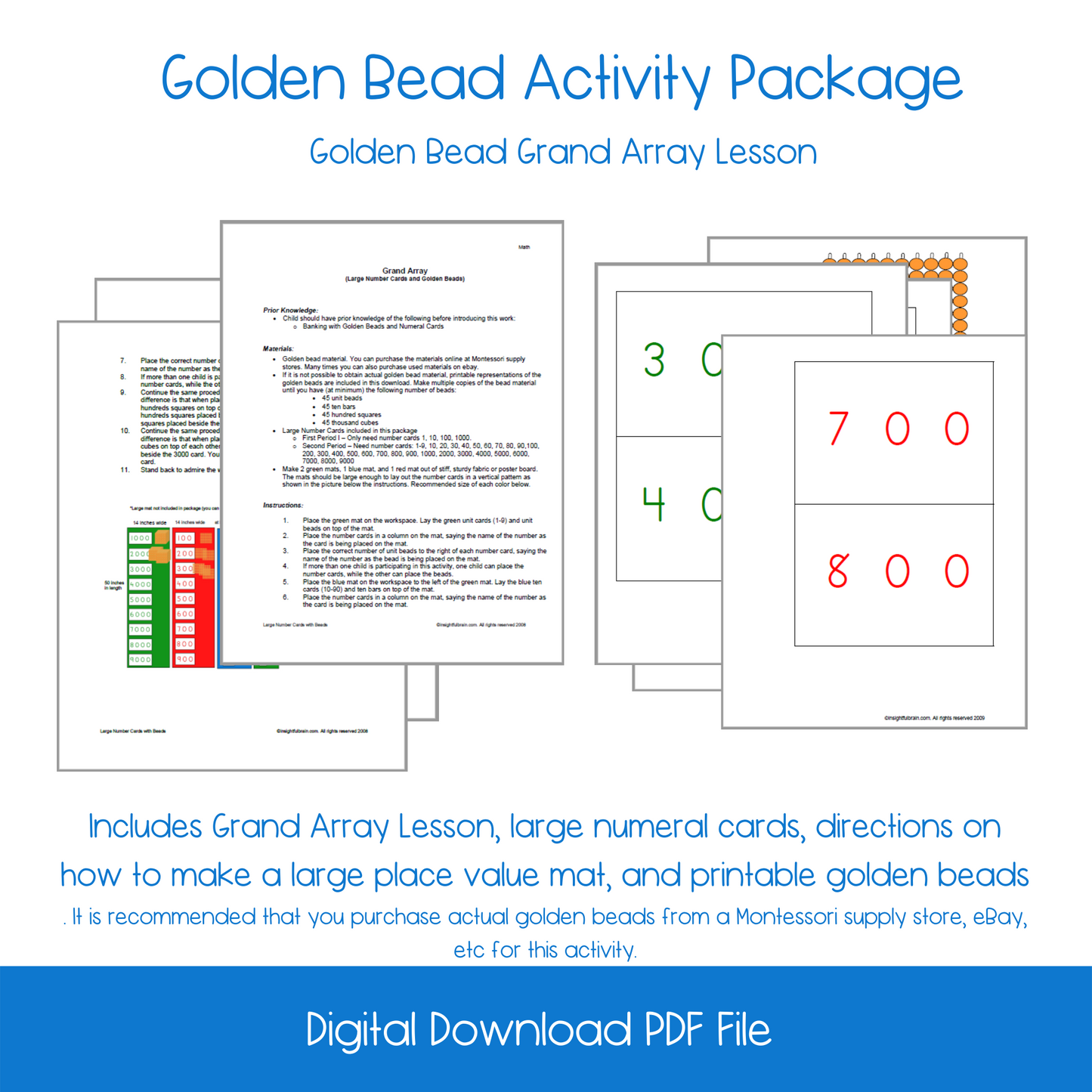 printable Montessori Golden Beads Introductory Lesson Activity, printable pre-school number and counting activity, printable homeschool number and counting activity, montessori grand array lesson